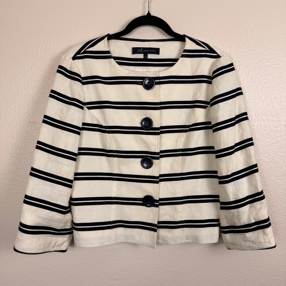 Vtg Anne Klein Striped Blazer Womens 8 Cream 90s Linen Blend Collarless Nautical
